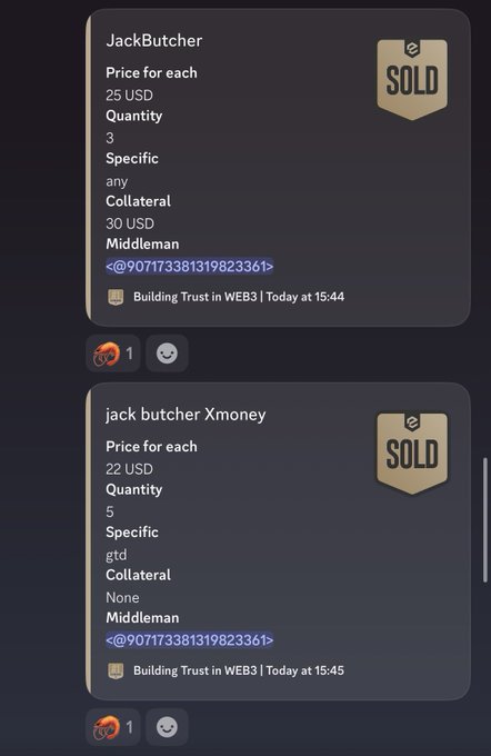 Two Discord messages showing sold listings: one for 'JackButcher' at 25 USD each (quantity 3, any specific, 30 USD collateral) and another for 'jack butcher Xmoney' at 22 USD each (quantity 5, gtd specific, none collateral), both with middleman <@907173381319823361> from 'Building Trust in WEB3'.