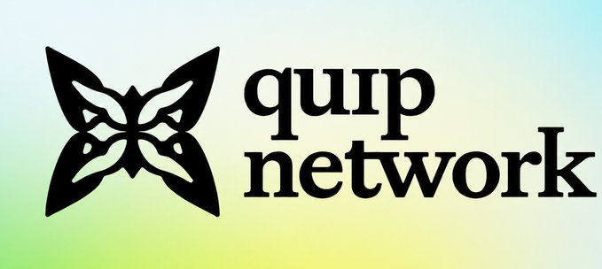 The Quip Network logo featuring a black butterfly-like icon next to the text "quip network" on a soft gradient pastel background.