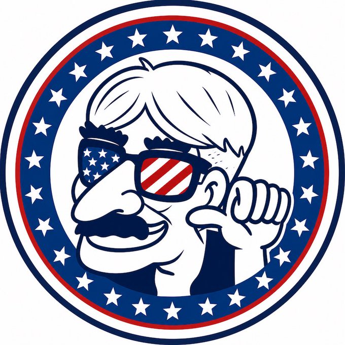 A circular emblem featuring a cartoon character with American flag-themed sunglasses, giving a thumbs-up, surrounded by a ring of white stars on a blue background with red and blue borders.