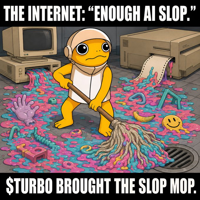 A cartoon turtle wearing headphones mops up colorful AI-generated "slop" with a mop in front of old computers and a printer spewing nonsense, with text reading "THE INTERNET: 'ENOUGH AI SLOP.'" and "$TURBO BROUGHT THE SLOP MOP." The image humorously illustrates the post's message about $TURBO cleaning up the timeline from overused AI clichés.