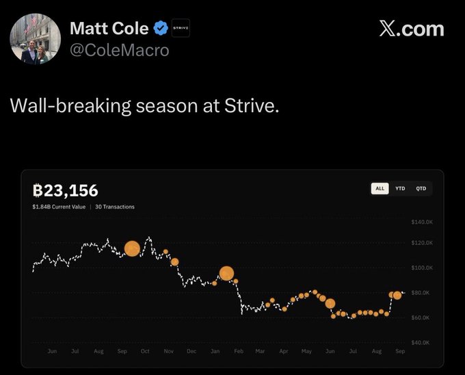 A tweet from Matt Cole (@ColeMacro) captioned 'Wall-breaking season at Strive' displaying a portfolio chart with ₿23,156 current value and $1.84B total value over 30 transactions.