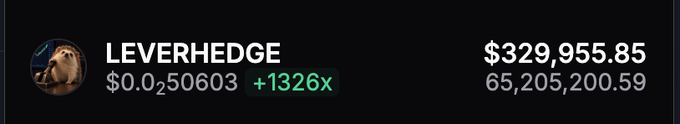 A profile card displays a wallet address "LEVERHEDGE" holding a token worth $329,955.85 with 65,205,200.59 units at a price of $0.00250603, showing a +1326x gain—illustrating the post's narrative of accidentally turning $1,000 into nearly $330,000 via a memecoin purchase on the SF launchpad that the author is unable to sell.