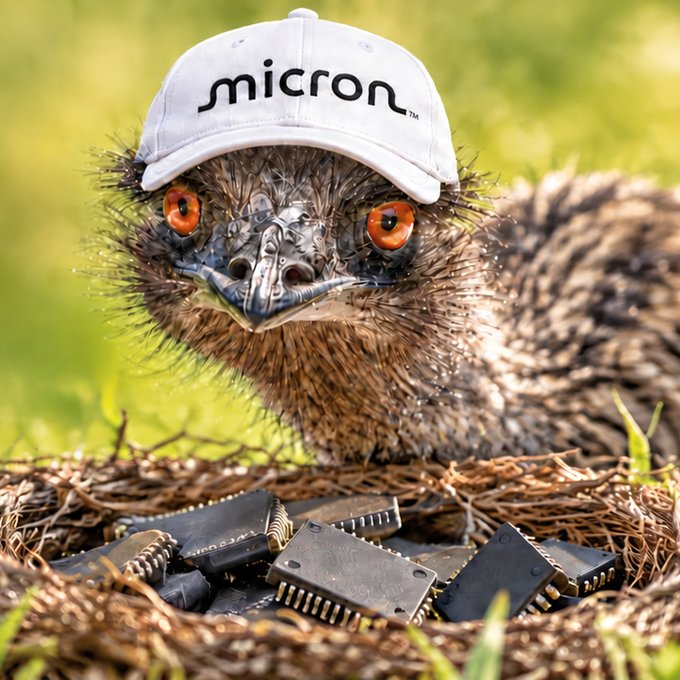 An emu chick wearing a white "Micron" baseball cap sits behind a nest filled with black integrated circuit chips in a grassy setting.