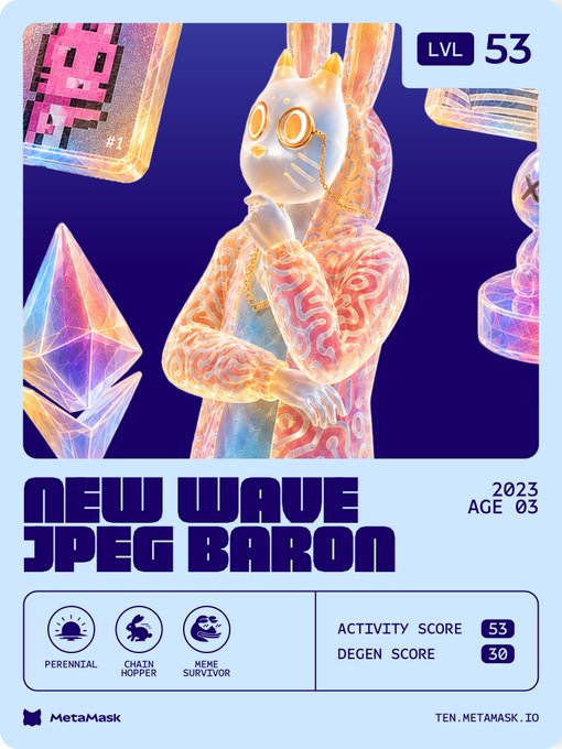 A MetaMask NFT profile card titled 'NEW WAVE JPEG BARON' (LVL 53) featuring a holographic cat-like figure with traits 'Perennial', 'Chain Hopper', and 'Meme Survivor'.