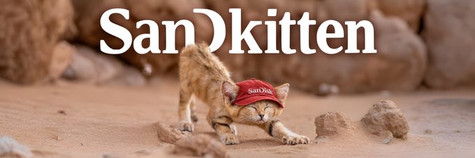 The image shows an adorable kitten stretching on a sandy desert floor while wearing a red cap with the "SanDisk" logo, cleverly placed beneath the stylized "San( )kitten" text to visually transform "SanDisk" into "SanKitten." This whimsical banner creatively plays on the branding for the Solana token $SNDK, blending a cute feline mascot with a tech-inspired name.