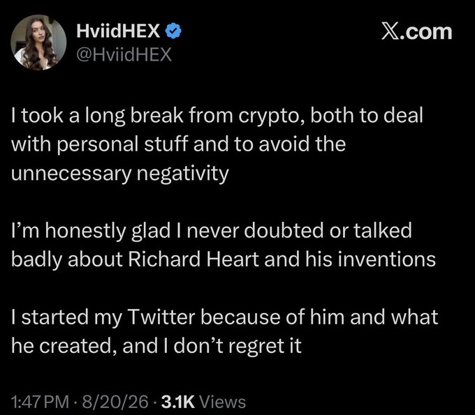 A tweet from @HviidHEX dated 8/20/26 with 3.1K views, in which the user reflects on their break from crypto, expresses gratitude for never speaking negatively about Richard Heart and his inventions like HEX, and credits Heart as the reason they started their Twitter. The post ties in with the caption celebrating Hviid's renewed contract, reinforcing their continued loyalty and enthusiasm toward Richard Heart's crypto ecosystem.