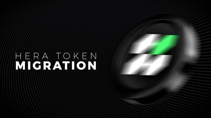 A dark, swirling graphic displays the text 'HERA TOKEN MIGRATION' next to a blurred circular logo featuring green, white, and black elements.