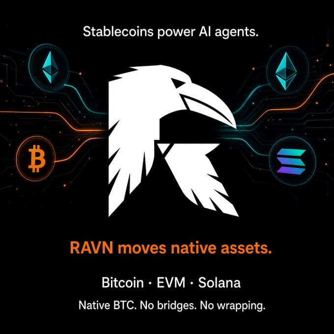 A promotional graphic for 'RAVN' with a white raven logo, displaying the text 'Stablecoins power AI agents.', 'RAVN moves native assets.', 'Bitcoin • EVM • Solana', and 'Native BTC. No bridges. No wrapping.', alongside cryptocurrency icons.