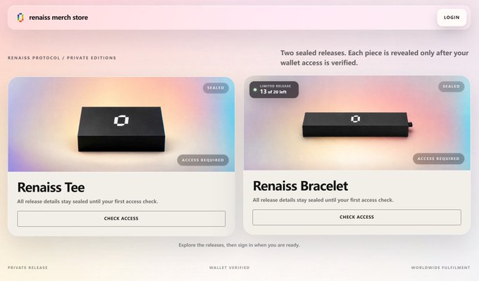 The image shows the Renaiss Merch Store displaying two sealed products: a "Renaiss Tee" and a "Renaiss Bracelet" (limited release, 15 of 20 left), both requiring wallet access verification with "Check Access" buttons. The display directly illustrates the tiered redemption system where SBT holders can unlock exclusive merchandise based on their holdings—40+ SBTs for the t-shirt and 100+ SBTs for the limited bracelet.