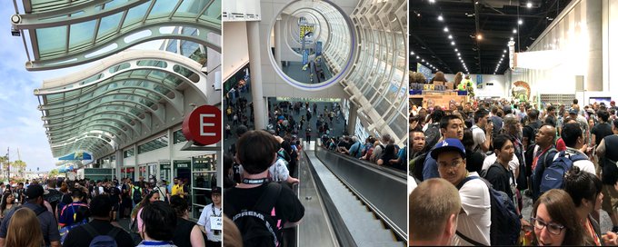 A three-panel photograph showing large crowds at a convention center, likely Comic-Con, with attendees walking through the entrance, riding escalators, and filling the exhibition hall.
