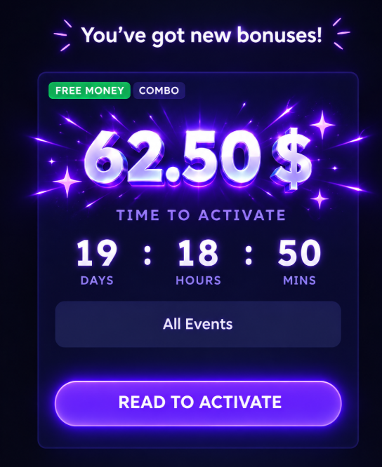 A digital promotion screen displaying 'You've got new bonuses!' with 'FREE MONEY' and 'COMBO' tabs, showing a prize of '62.50 $' and a countdown timer of 19 days, 18 hours, and 50 minutes.
