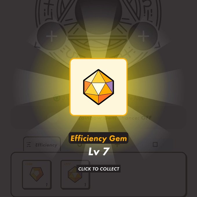 The image features a yellow diamond-shaped gem with a rainbow gradient inside, surrounded by rays of light shining from all directions. The gem appears to be glowing brightly against the dark background. Below the gem, there's text that reads "Efficiency Gem" followed by "Lvl 7". In addition, there is a caption below the image that says "#STEPN Ready to lay down my life for Country P".