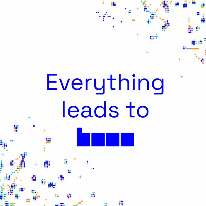 A promotional graphic with pixelated confetti reads 'Everything leads to' above a stylized blue logo.