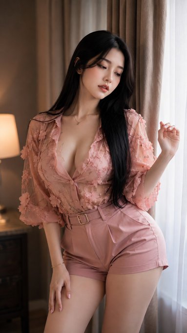 A young woman with long dark hair poses in a pink floral blouse and matching shorts, standing in a softly lit room with curtains and a lamp.