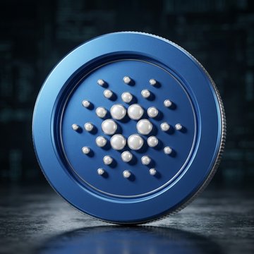 A 3D-rendered blue circular emblem resembling a cryptocurrency coin, featuring a pattern of raised silver dots arranged in a circular, atomic-like design.