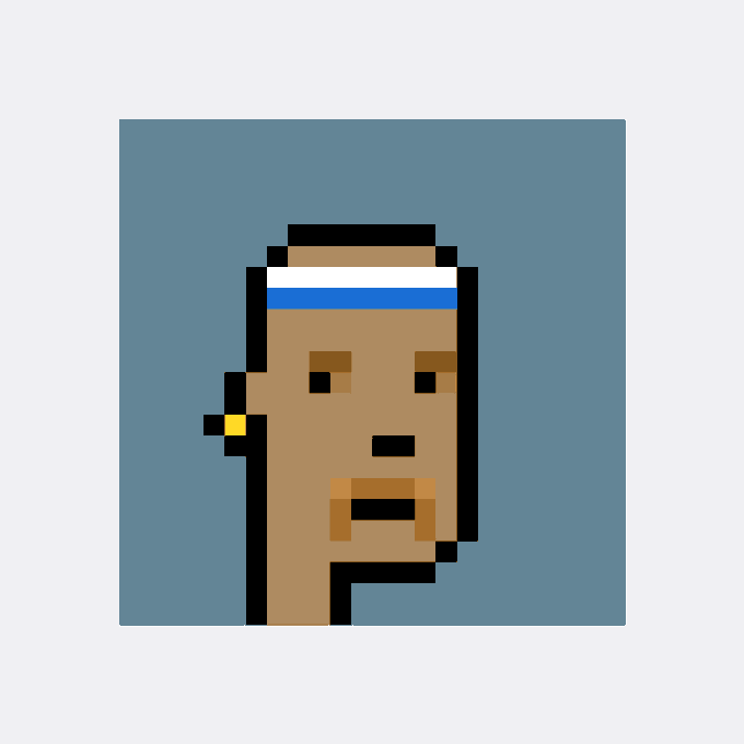 A pixel-art portrait of a man's face with a white and blue headband on a light blue background, appearing as an NFT-style profile image.