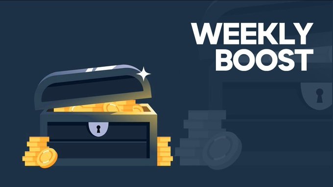 A digital illustration of an open treasure chest filled with gold coins on a dark blue background, with the bold white text "WEEKLY BOOST" displayed on the right. The image visually represents the weekly bonus reward from @Stake that the user is announcing to their followers.