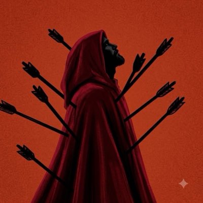 A stylized illustration of a hooded figure in a red cloak pierced by multiple arrows, set against an orange background, evoking a martyr or saint-like imagery.