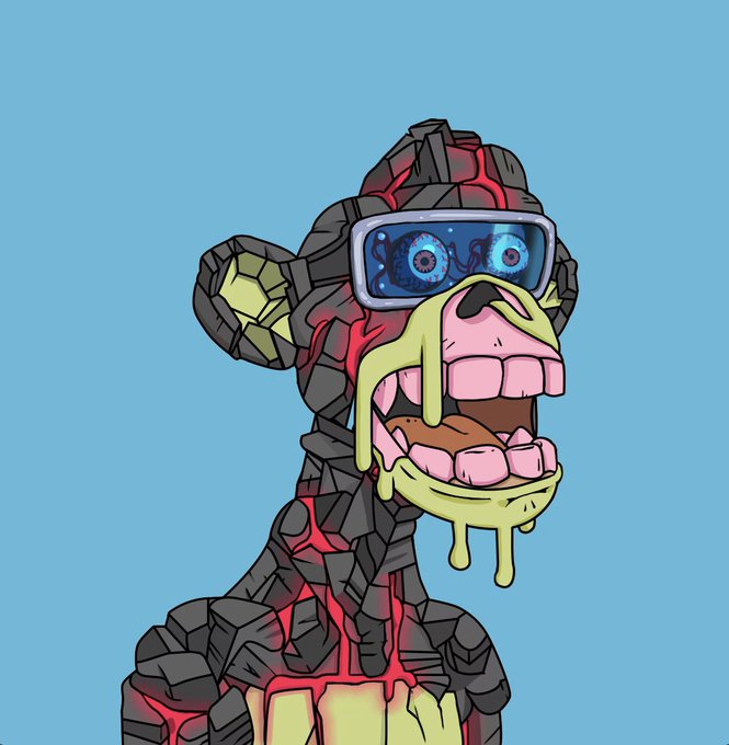 A cartoon monkey with cracked stone-like skin wears VR goggles displaying spiral eyes and drools yellow liquid from its open mouth.