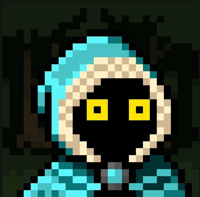 A pixel art portrait shows a character with tan skin, glowing yellow square eyes, and turquoise hair and armor against a dark background.