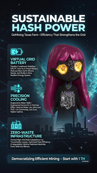 The image is a promotional graphic for GoMining's Texas Farm, highlighting "Sustainable Hash Power" through features like a Virtual Grid Battery, Precision Cooling, and Zero-Waste Infrastructure, with a call to action to start with 1 TH of hashrate. It complements the post by visually emphasizing the real-world, eco-friendly infrastructure behind GoMining's digital mining platform, contrasting it with "scammy cloud mining."