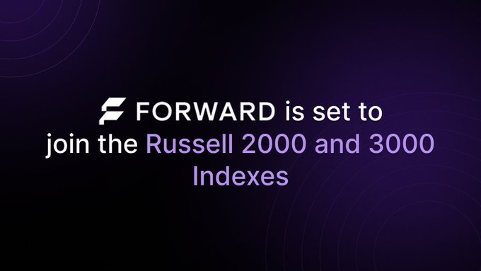 The image features a purple background with white text that reads "Forward is set to join the Russell 2000 and Russell 3000 Indexes". The text is positioned at the top center of the image, while the rest of the image is black.