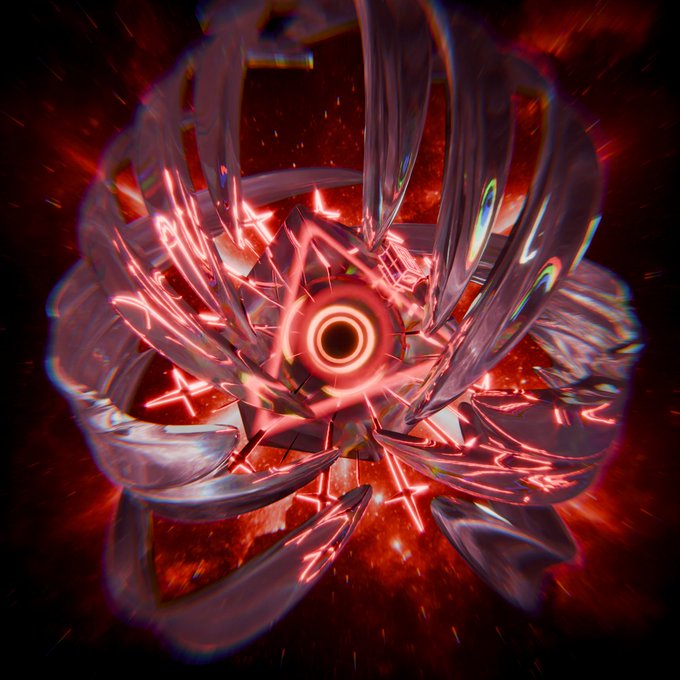 A digital artwork depicting a metallic, flower-like structure with glowing red rings and fractured shards radiating from a dark center against a fiery red background.