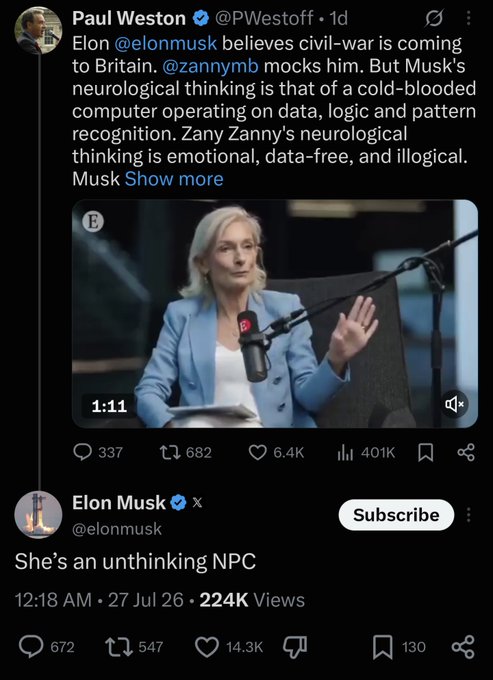 A tweet from Paul Weston (@PWestoff) about Elon Musk's comment that civil-war is coming to Britain, featuring a video and a reply from Musk calling someone an 'unthinking NPC'.