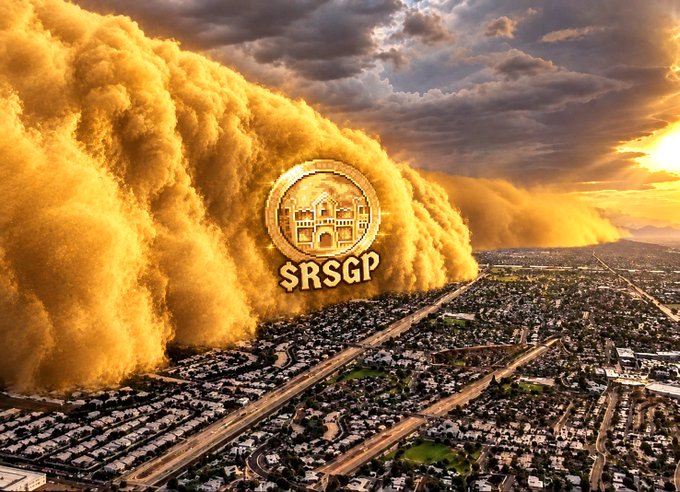 A dramatic aerial image shows a massive orange sandstorm engulfing a city, with an '$RSGP' logo featuring a stylized castle or building in the center.