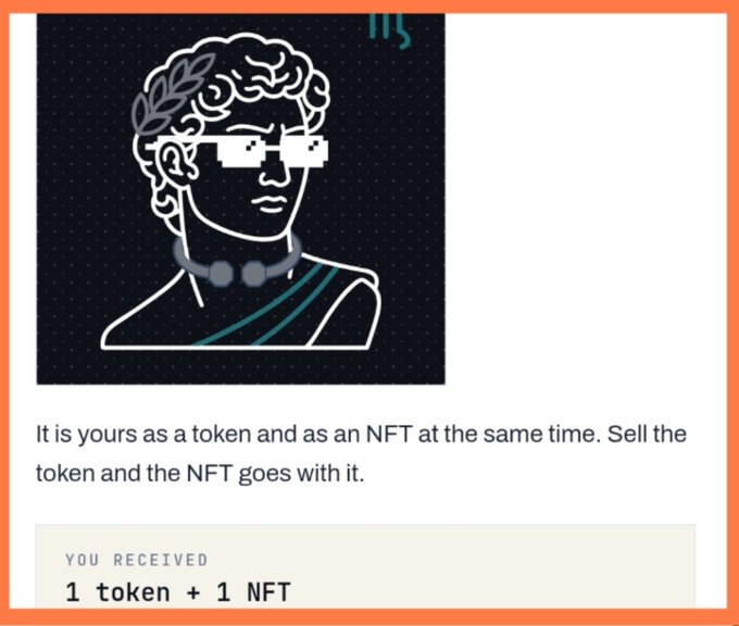 A digital NFT/tweet-style graphic showing a line-art portrait of a figure wearing pixelated sunglasses and a laurel wreath, with text stating 'It is yours as a token and as an NFT at the same time. Sell the token and the NFT goes with it.' and 'YOU RECEIVED 1 token + 1 NFT'.