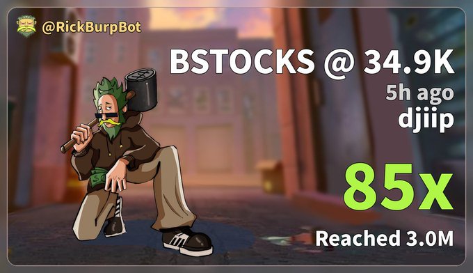 A promotional trading card from @RickBurpBot highlights a 5-hour-old call on BSTOCKS hitting 34.9K with an 85x multiplier and 3.0M reached by user "djiip," visually reinforcing the post's claim of locking in gains and showcasing high-return crypto calls available through The Vault.