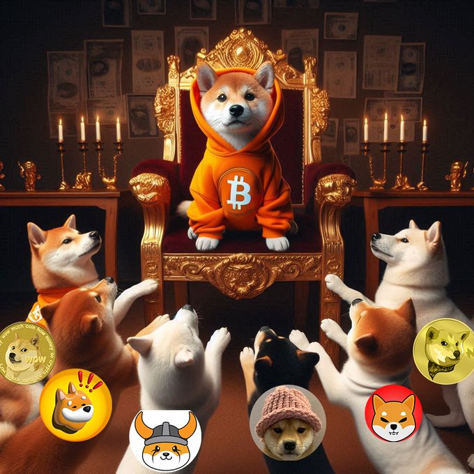The image features a group of dogs, including a Shiba Inu dog wearing an orange hoodie with the word "bitcoin" written on it, sitting on a golden throne. The other dogs are standing around them, some appearing to be begging for attention or money. A sign in front of the dogs reads "$Dog (Bitcoin) is the king!!".