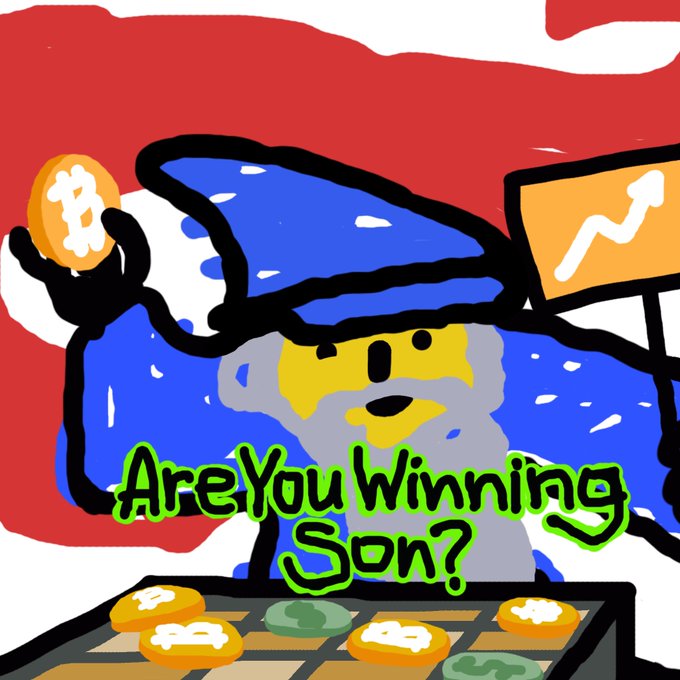 A colorful cartoon illustration shows a gray character wearing a blue wizard hat, holding a Bitcoin coin in one hand and standing beside a rising arrow graph, with the text 'Are You Winning Son?' displayed above a board of cryptocurrency coins.
