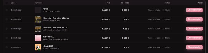 A dark-themed NFT purchase history screen displays various items bought 1 minute ago at 0.1154 ETH each, including items #2473, Friendship Bracelets #20510, #20231, 10,000 FWA (mfer #4419), with 'Choose option' buttons in pink.