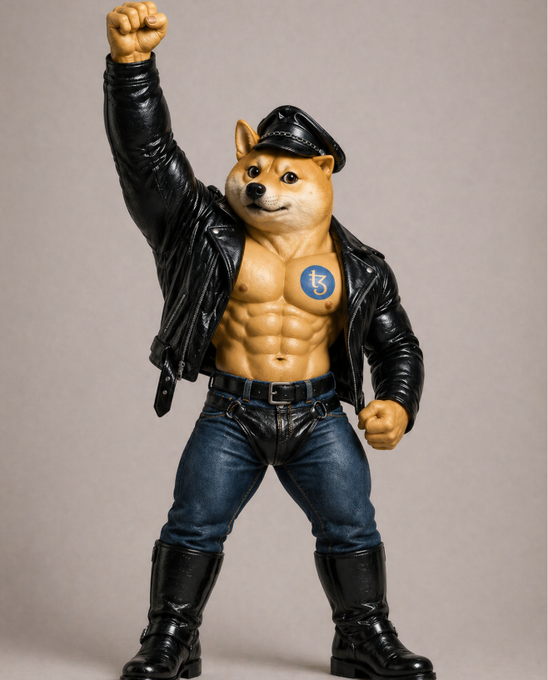 A muscular Shiba Inu figure wearing a black leather jacket, cap, and boots strikes a triumphant pose with its fist raised in the air. On its chest is the Tezos (XTZ) logo—a blue circle with a stylized "tₜ" symbol—representing the cryptocurrency's strong, bullish presence.