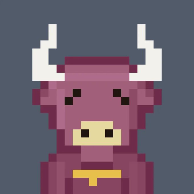 Pixel art of a purple, horned bull with a yellow nose ring and a gold noseband, likely tied to the "$ANSEM" crypto meme token referenced in the post.