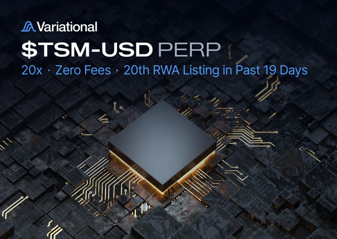 The image features a black circuit board with a square component, possibly a chip or a processor, placed on top of it. The background of the image is black, which contrasts with the white text that reads "Variational $TSM-USD perps are now live with zero fees and up to 20x leverage." This suggests that the circuit board has been used as an advertisement for a company called Taiwan Semiconductor Manufacturing Company (TSMC), who specializes in manufacturing semiconductors. The image is accompanied by text that provides information about the company's offerings, including their pricing model and the number of days they have been active on the market.