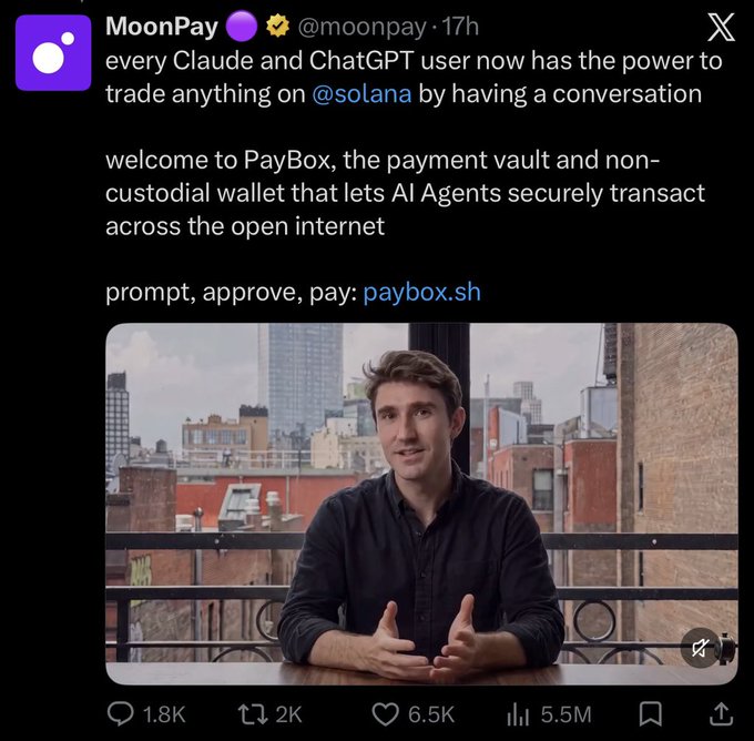 A tweet from MoonPay (@moonpay) announcing PayBox, a payment vault and non-custodial wallet that enables AI Agents to transact on Solana, featuring a video of a man speaking with a cityscape background, achieving 5.5M impressions and 6.5K likes.