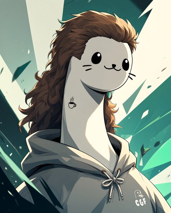 An anime-style illustration shows a cute seal character with a small smile appearing as the head on a human-like body with long flowing brown hair, wearing a gray hoodie with 'CGF' text, set against a dynamic teal and white geometric background.