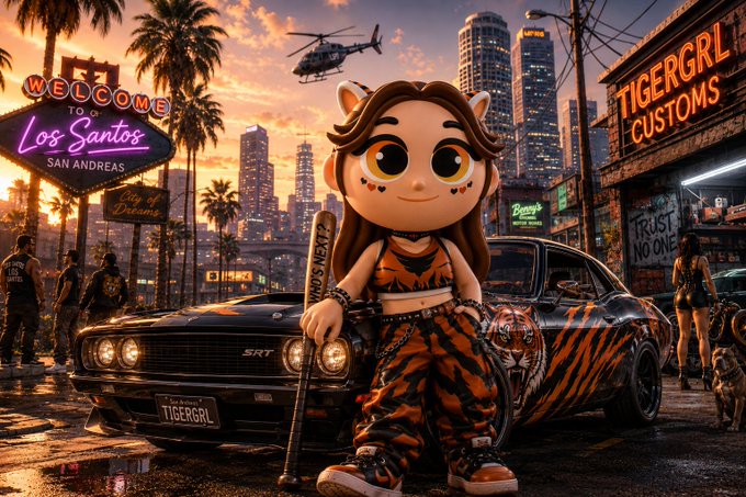 A stylized scene depicting a cartoon girl character with tiger-print pants holding a bat in front of a "Tigergrl Customs" shop in Los Santos (GTA-themed), featuring a classic muscle car with tiger stripes and a helicopter in the background.