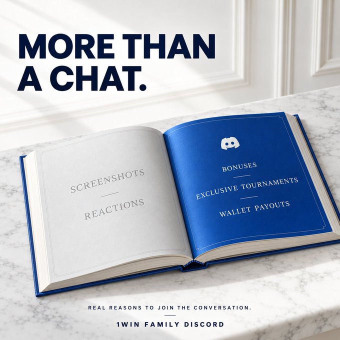 An advertisement for the 1WIN FAMILY DISCORD featuring an open book on a marble surface, with the headline "MORE THAN A CHAT." and pages listing "SCREENSHOTS, REACTIONS" and "BONUSES, EXCLUSIVE TOURNAMENTS, WALLET PAYOUTS".