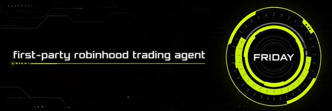 The image displays a futuristic black and neon-green banner with the text "first-party robinhood trading agent" on the left and a circular tech-style emblem containing the word "FRIDAY" on the right, serving as promotional artwork for the $FRIDAY token featured on Moby.