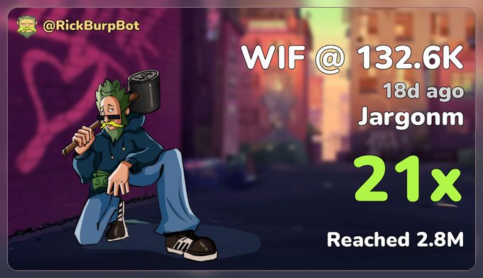 A promotional graphic for @RickBurpBot shows their successful 21x gain on the $WIF token, reaching 132.6K 18 days ago and peaking at 2.8M, alongside a "Jargonm" character illustration. The image highlights their trading track record as a credibility boost while announcing a new 2,222-supply NFT collection by @RobinWifHat launching on Robinhood Chain, featuring autonomous on-chain AI agents.