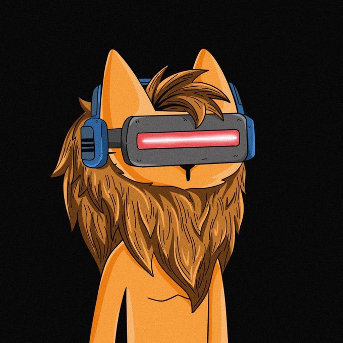 A cartoon-style illustration of an orange fox-like character with a mane wearing a blue and grey VR headset with a red visor.