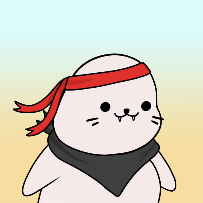 A cartoon illustration of a round, white, cat-like creature with small fangs, wearing a red ninja-style headband and a dark gray bandana around its neck against a gradient background.