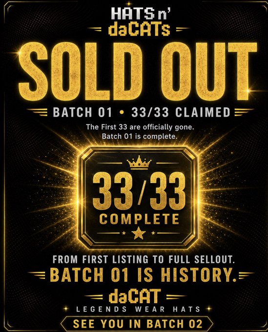 A gold and black promotional graphic for 'HATS n' daCATS' announcing 'SOLD OUT BATCH 01 • 33/33 CLAIMED' with the text 'SEE YOU IN BATCH 02' and 'LEGENDS WEAR HATS'.