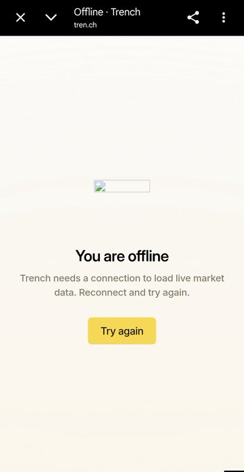 A mobile screenshot of trench.ch displaying a 'You are offline' message with a yellow 'Try again' button.