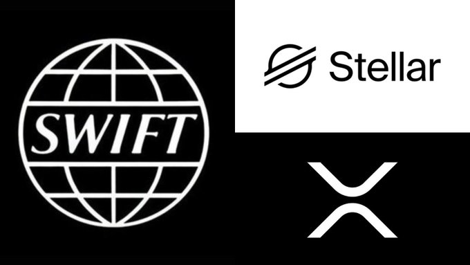 The image displays three logos: SWIFT (a globe with the company name), Stellar (with its text and symbol), and the XRP cryptocurrency symbol. These logos visually represent the entities mentioned in the breaking news about SWIFT executive André Casterman's expectations that XRP and XLM will integrate with government-backed digital currencies.