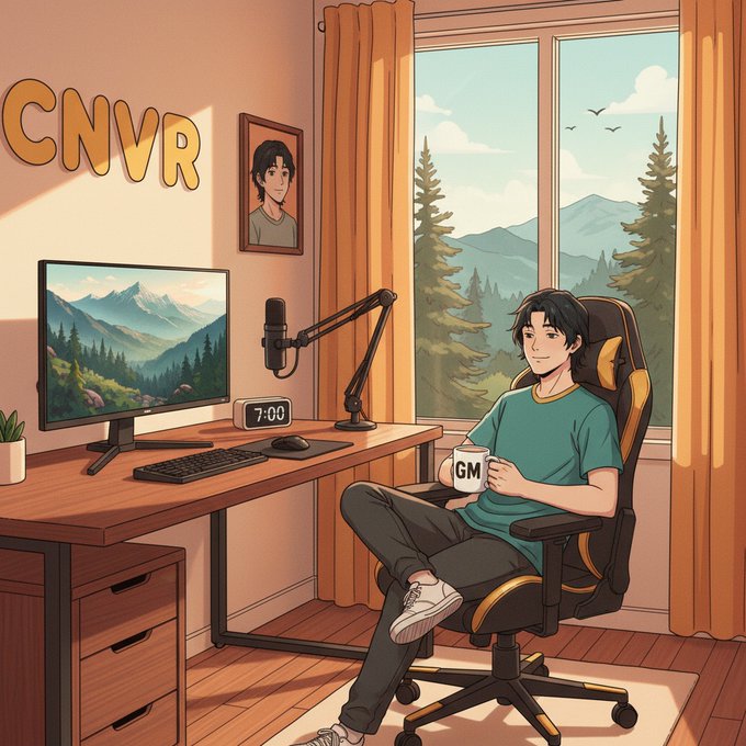 An anime-style illustration of a content creator relaxing in a gaming chair labeled 'GM' at a desk setup with the text 'CNVR' on the wall and '7:00' on a digital clock.