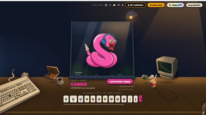 A 3D animated graphic featuring a pink worm character wearing headphones, displayed on what looks like a 'Buy SLIPPY' website interface.